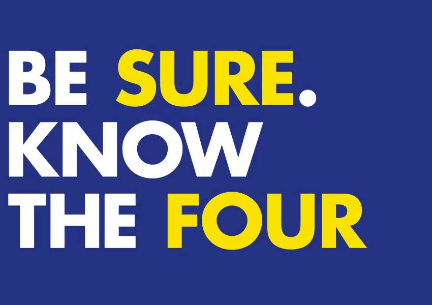 Be sure. Know the four. White and yellow writing on dark blue background.