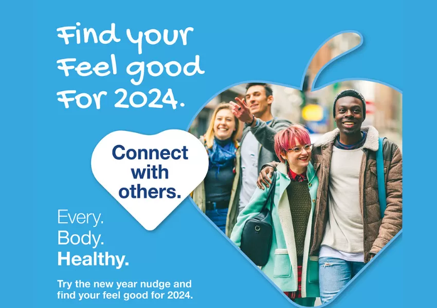 Find your feel good 2024 - connect with others. Image of young people walking and smiling together.