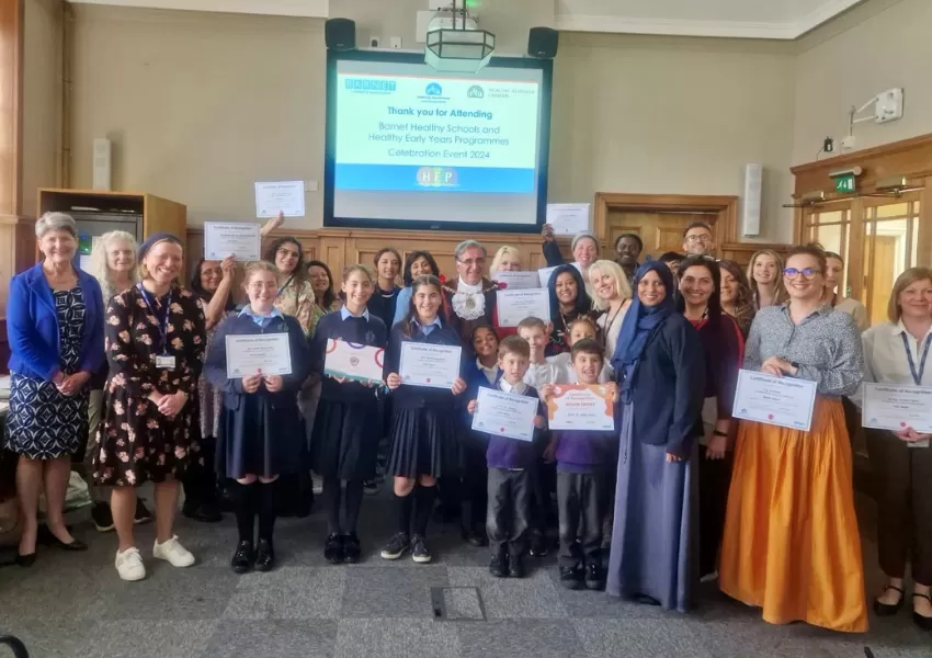 Group photo of participanting schools, settings, pupils and the Mayor of Barnet