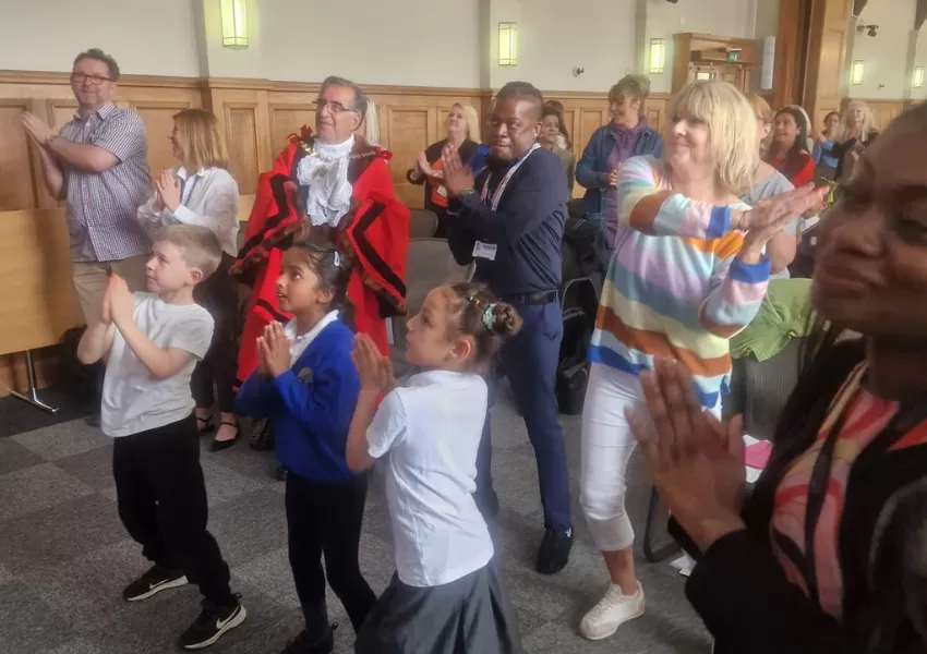 Waka waka movement break - children, staff and the Mayor of Barnet dancing