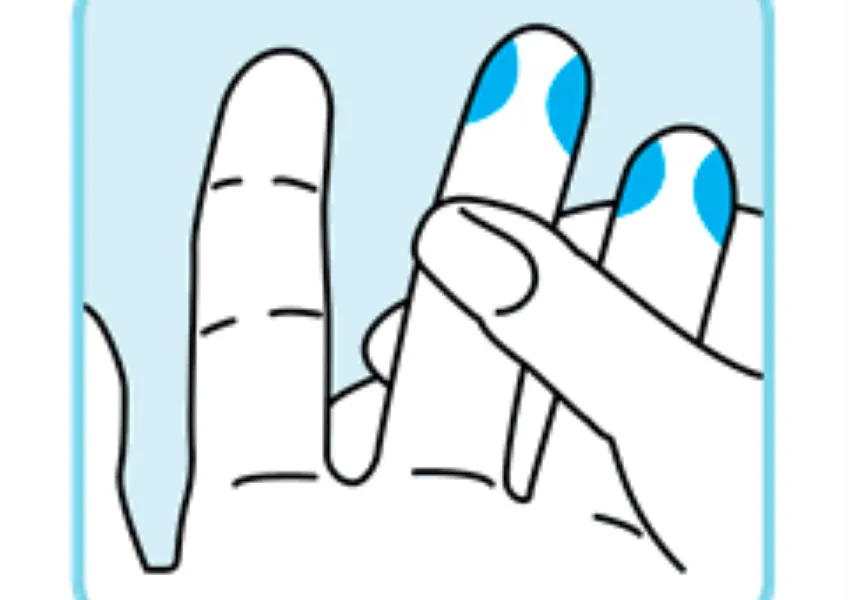 Blue background with a hand and someone holding the tips of two of their fingers.