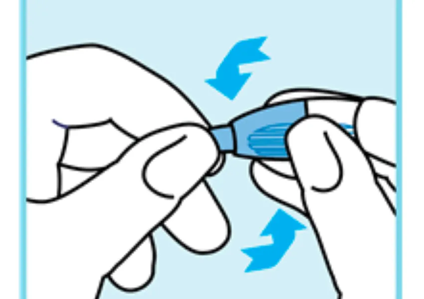 Blue background with a hand opening the safety needle to break the seal, and remove the cap for the test.