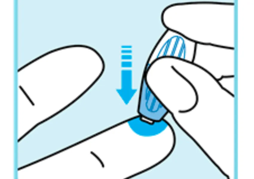 Blue background with a hand placing the safety needle on the finger, and pushing firmly to activate.