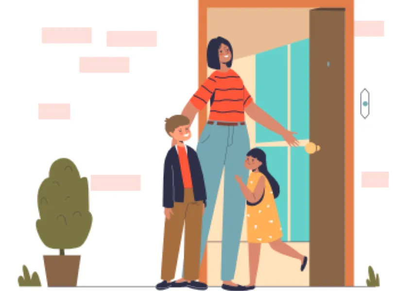 White background with mum and two children outside the front of a house.