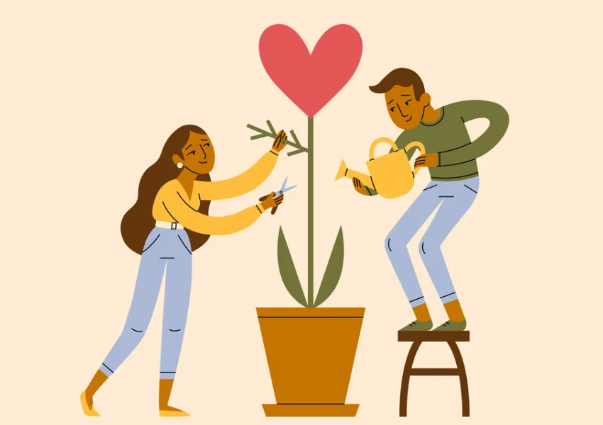 Light orange background with two people looking after a tree with a love heart at the top.