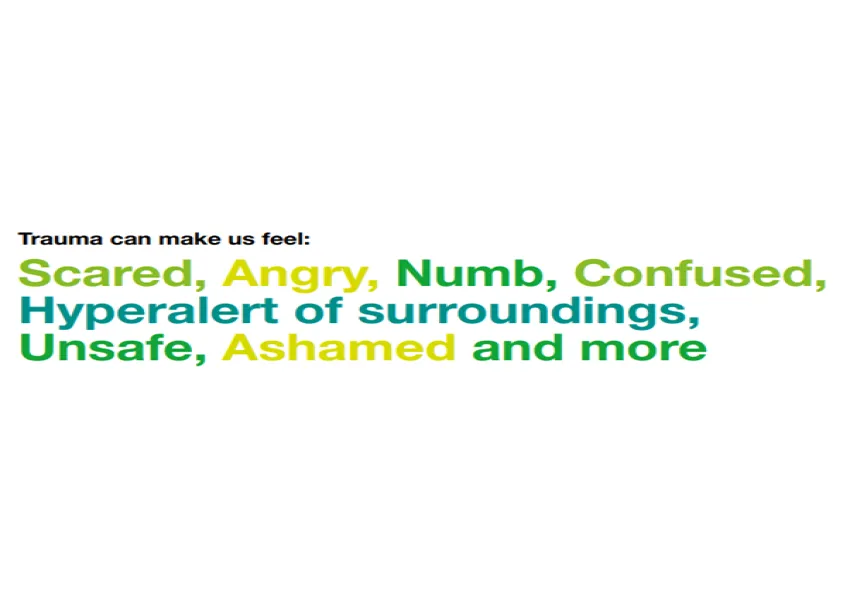 White background with description of how trauma makes us feel in green, yellow and teal font