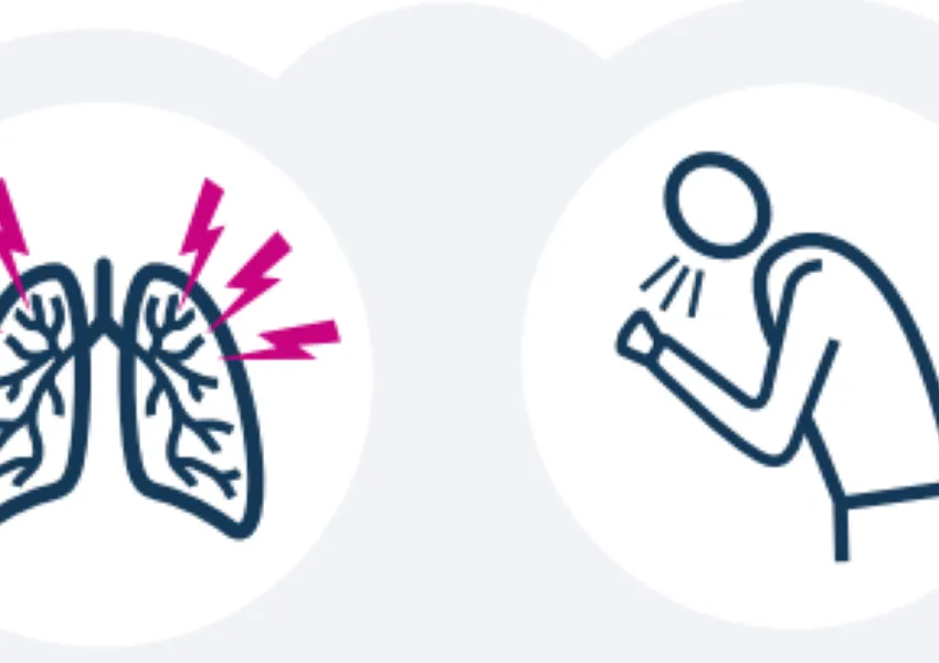 Grey background with lungs being shocked and person coughing.