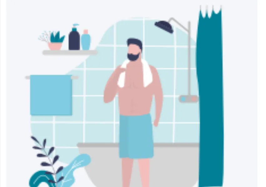 White background with person outside the shower.