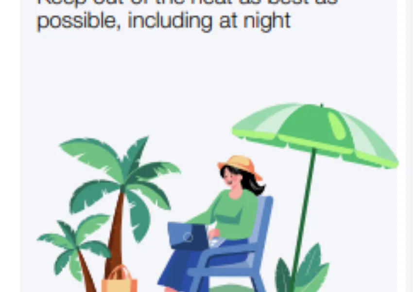 White background with person sitting on a chair under a parasol.