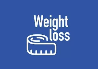 Blue background with tape measure and the words weight loss