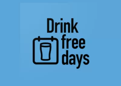 Drink free days written with image of calendar and a glass on blue background