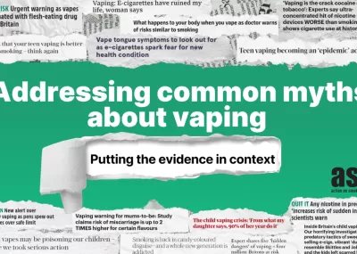 collage of newspaper clippings with central text that reads: addressing common myths about vaping
