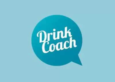 White cursive writing 'Drink Coach' in a blue speech bubble on a light blue background.