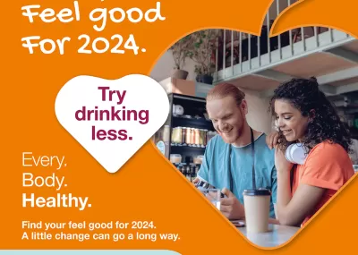Find your feel good for 2024 - drink less - 2 friends in a cafe having a coffee together