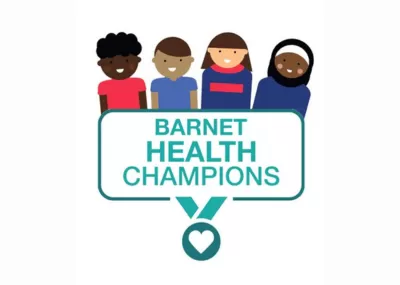 Illustration of 4 smiling people standing behind Barnet Health Champions sign.