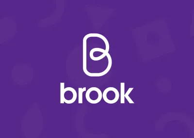 Brook Logo: Letter B in a heart shape with the word brook sitting underneath with a purple background.