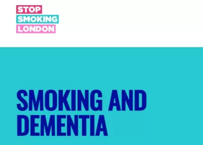 Stop Smoking London logo with blue header 'Smoking and dementia' on a turqouise background.