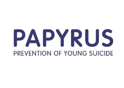 Papyrus logo: title in purple block capital letters with Prevention of Young Suicide written smaller below, on a white background.