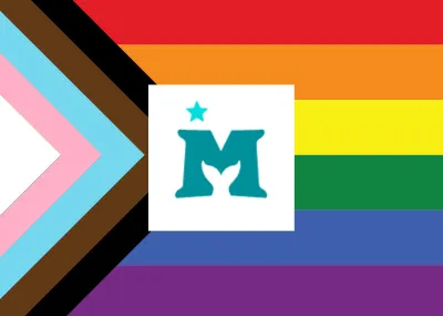 Transgender flag with Mermaids logo over the top (a turquoise letter 'M' with a mermaid tail shape inserted)