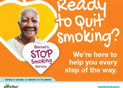 Older white haired woman smiling, on orange background. Text reads: Barnet Stop Smoking Service. Ready to quit smoking? We're here to help you every step of the way.