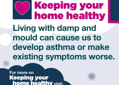 Keeping your home healthy illustration with blue, grey and pink colours and text 'Living with damp and mould can cause us to develop asthma or make existing symptoms worse.'
