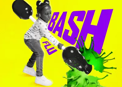 Image shows a young black girl holding a  pugil stick while smashing up a virus Text  reads: Bash flu. Get vaccinated. Get winter strong.