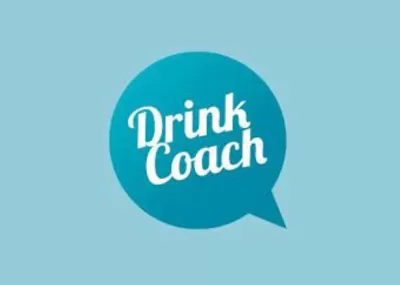 Drink coach logo, blue speech bubble with white writing 'Drink Coach'