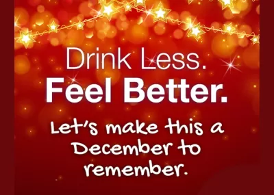 Red background with gold sparkling stars, with writing: Drink Less. Feel Better. let's make this a December to remember.