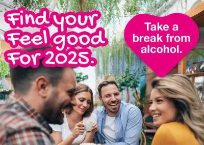 A group of people smiling and drinking coffee. Text reads: find your feel good for 2025. Take a break from alcohol.