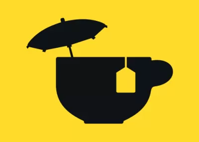 Try Dry logo - yellow background with a black shadow of a mug with a cocktail umbrella