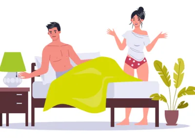 White background with two people. One in bed and one standing next to the bed.