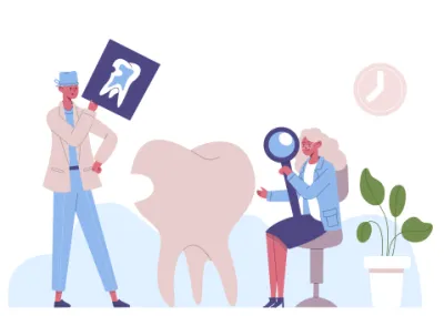 White background with two people. One touching a tooth and one dentist holding an x-ray of a tooth.