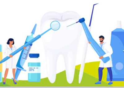 White background with two dentists fighting with dental tools.