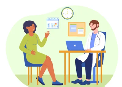 Green background with doctor sitting at a table talking to patient in a GP surgery.