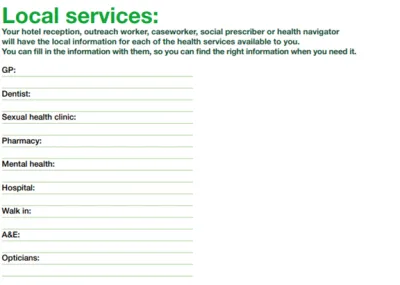 White background with Local Services written in green. A list of service types (GP etc) with blank space to be completed