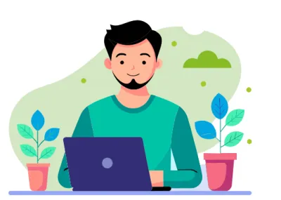 Green and white background with person sitting at desk and working on computer.