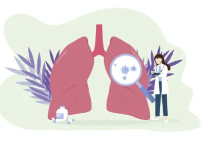 White background with a pair of lungs and a doctor examining them.