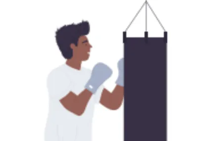 White background with person wearing boxing gloves and punching a boxing bag.