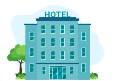 White background with blue hotel and trees.
