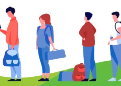 White background with lots of people holding bags and suitcases.