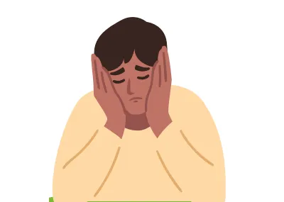 Picture of a man with dark brown skin and dark hair with his head in hands