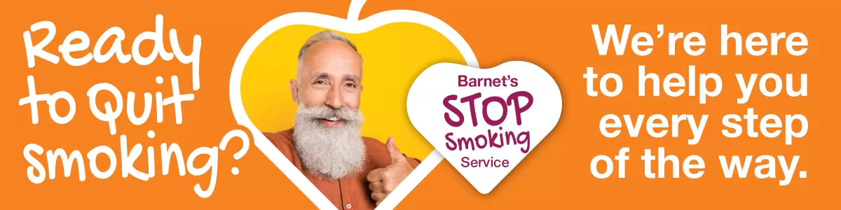 Orange background, with a white bearded man with thumbs up and smiling, next to writing: Ready to quit? Barnet's Stop Smoking Service - here to help every step of the way.