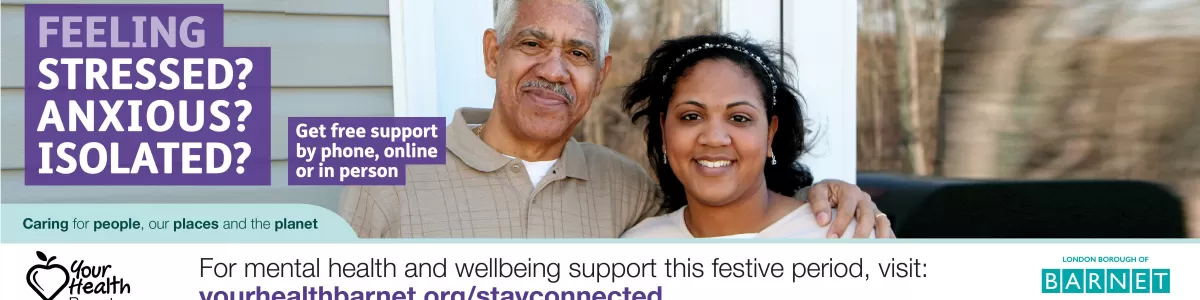 Two people smiling. Text reads: Feeling stressed? anxious? isolated? get free support by phone, online or in person.