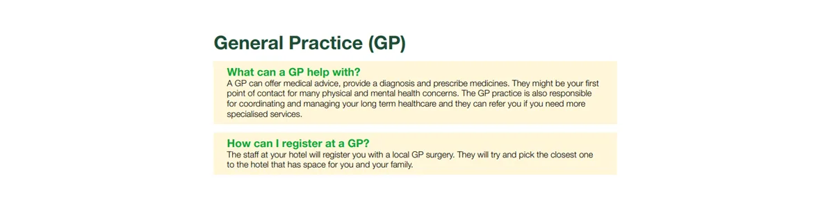 White background with pale yellow boxes with green and black text reading General Practice (GP 