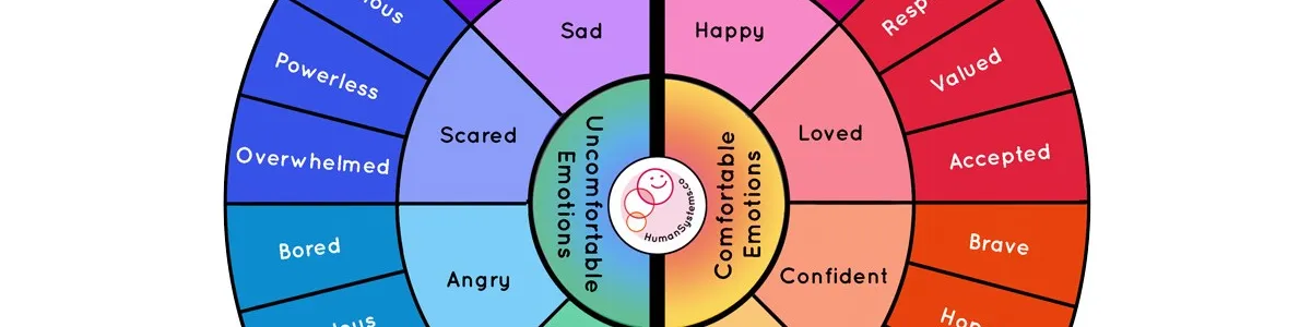 Wheel with colours of the rainbow around it, half are uncomfortable emotions: sad, scared, angry and embarrassed, half are comfortable emotions: happy, loved, confident, playful